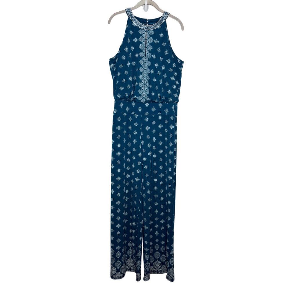 White House Black Market Jumpsuit women's M Teal Geometric Halter Wide Leg Lined